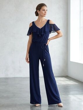 NWT Roz & Ali Navy Blue Cold-Shoulder Ruffle Jumpsuit with Waist Tie, Size Large